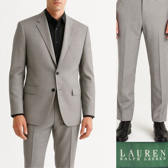 Ralph Lauren Mens 2-Pcs Suit Solid Light Gray Jacket Sz 42R 34Wx27L Pants Wool - Picture 1 of 16